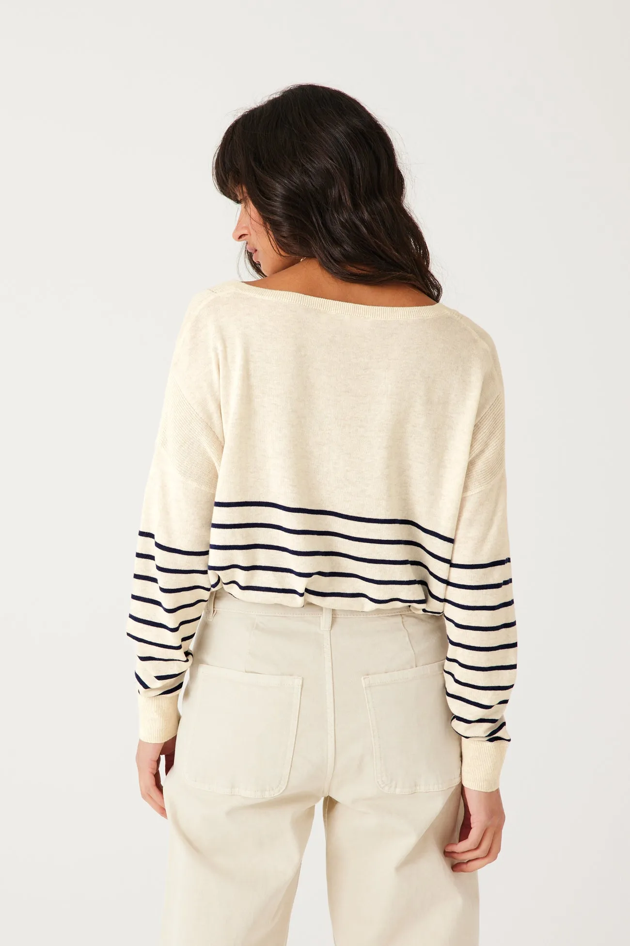 Pull fin marinière col V Femme - Rayé marine