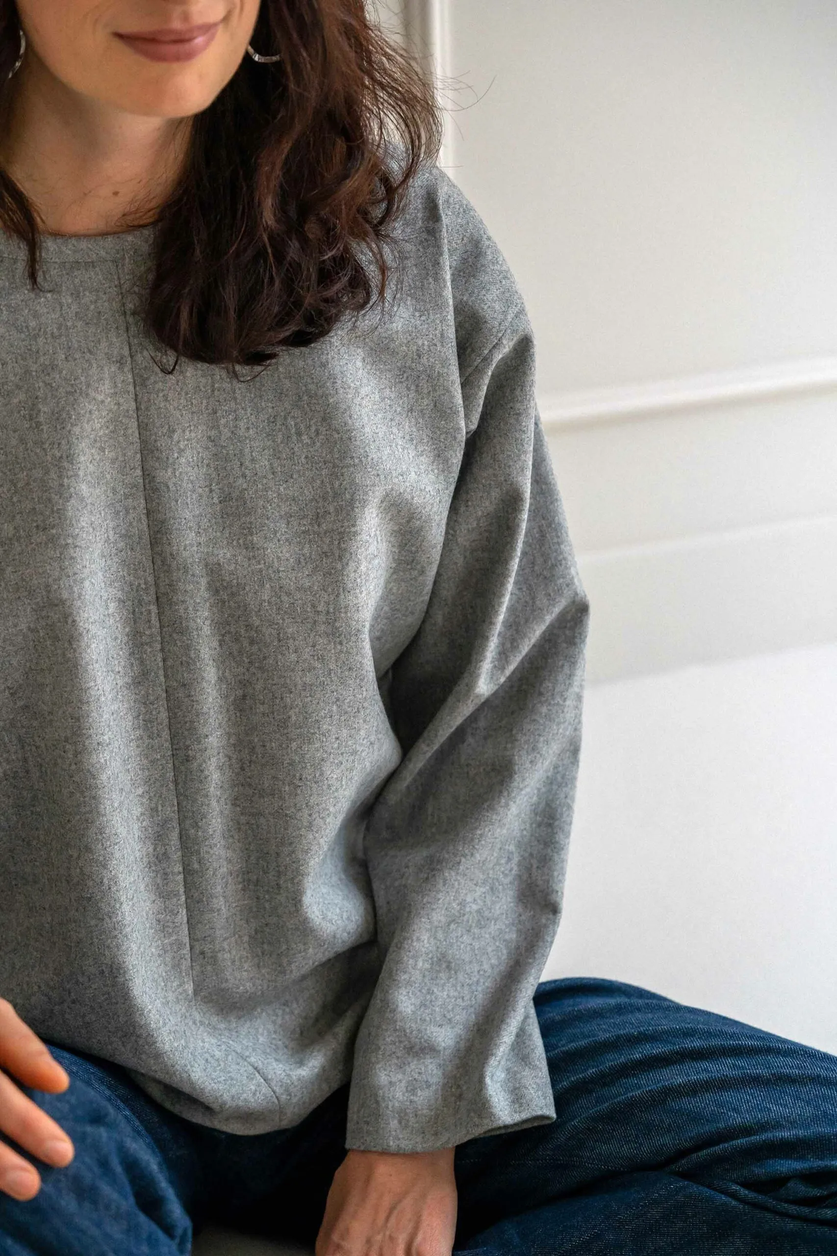 Pull gris femme coupe oversize en laine flanelle Chiara