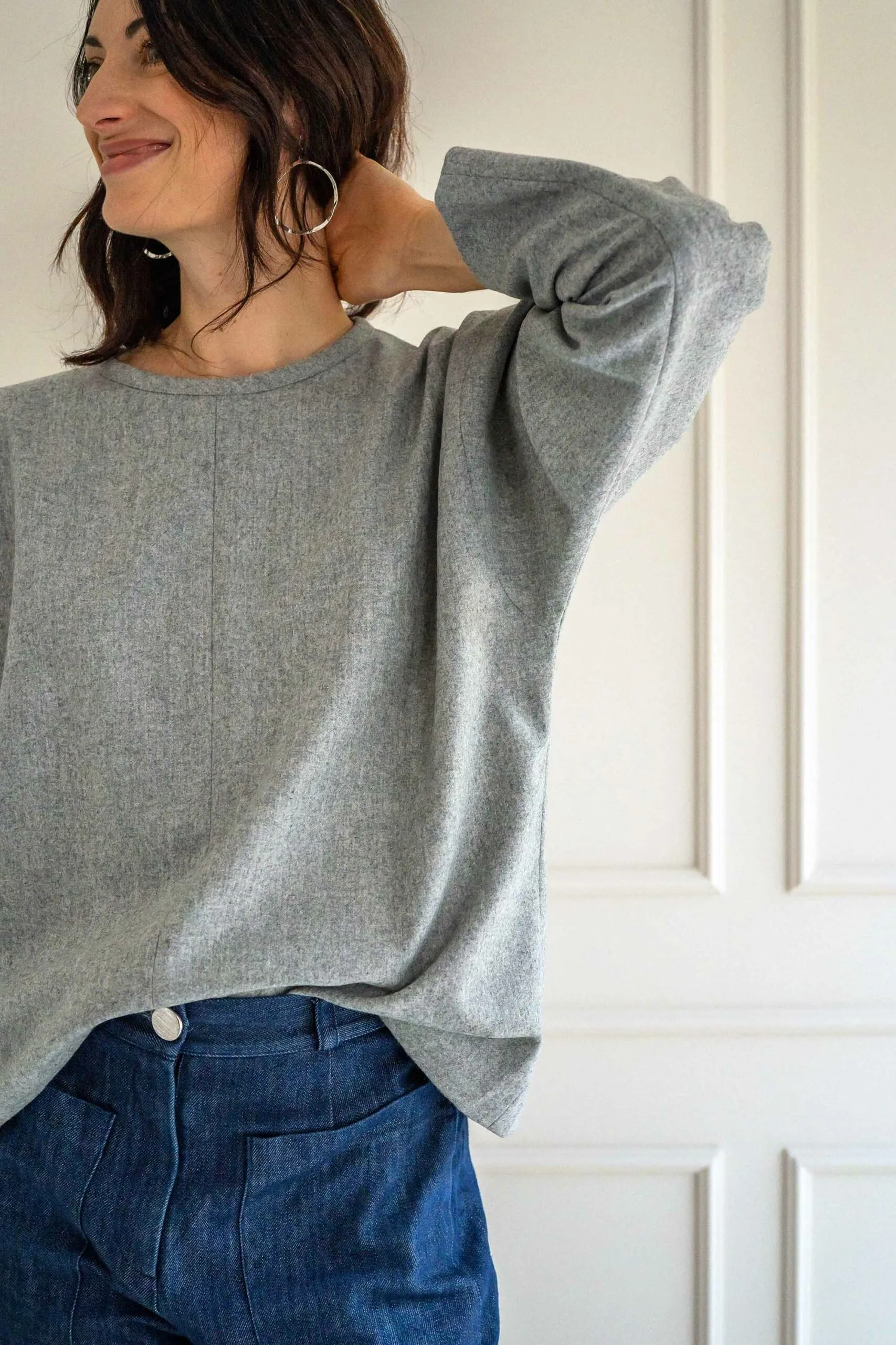 Pull gris femme coupe oversize en laine flanelle Chiara