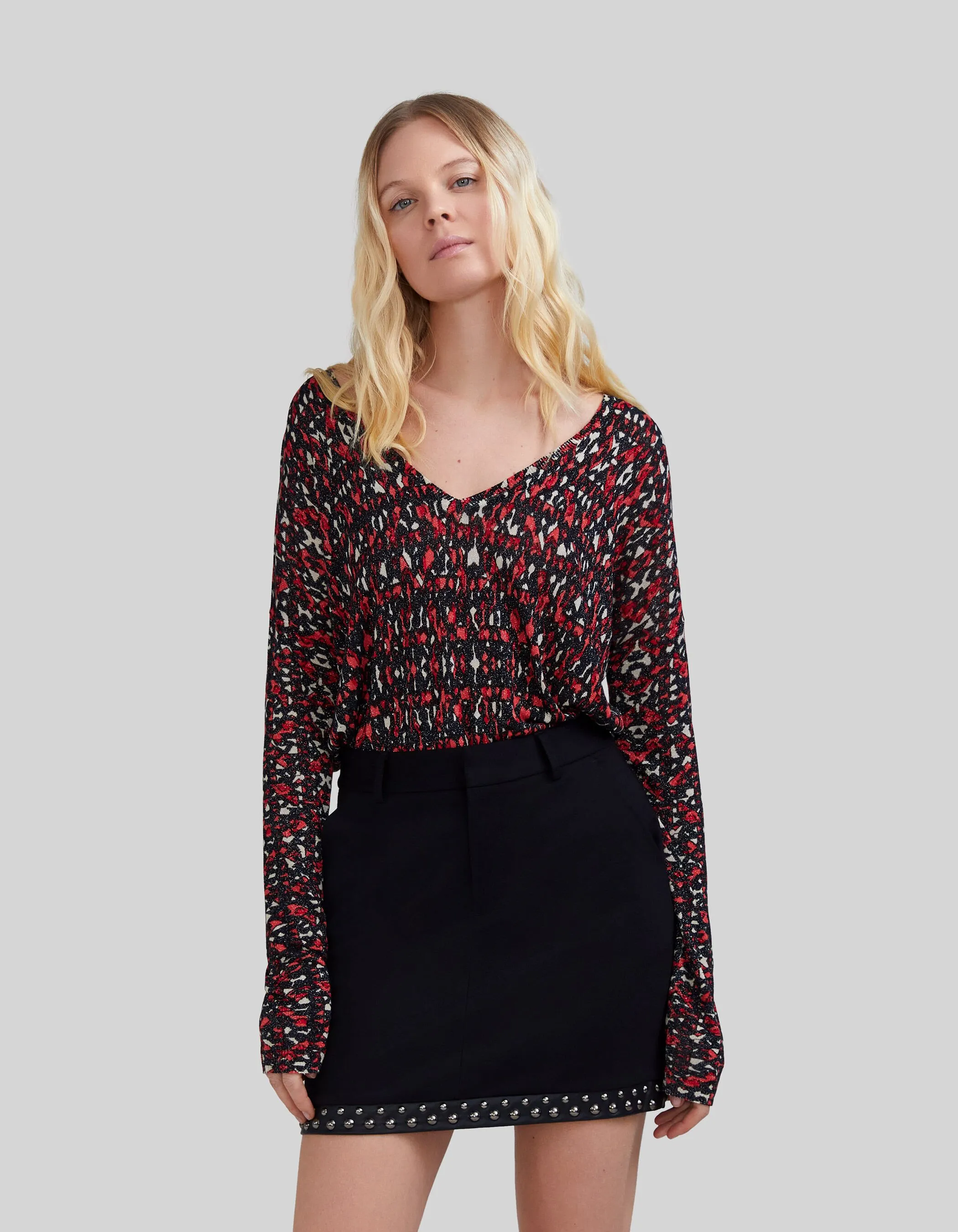 Pull noir tricot fin imprimé ikat Femme