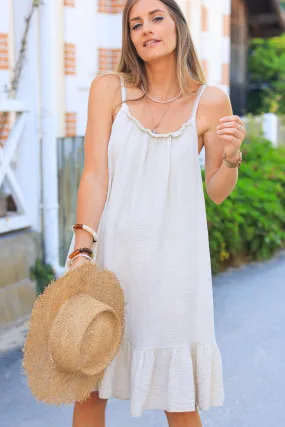 Robe beige en gaze de coton à bretelles col élastique