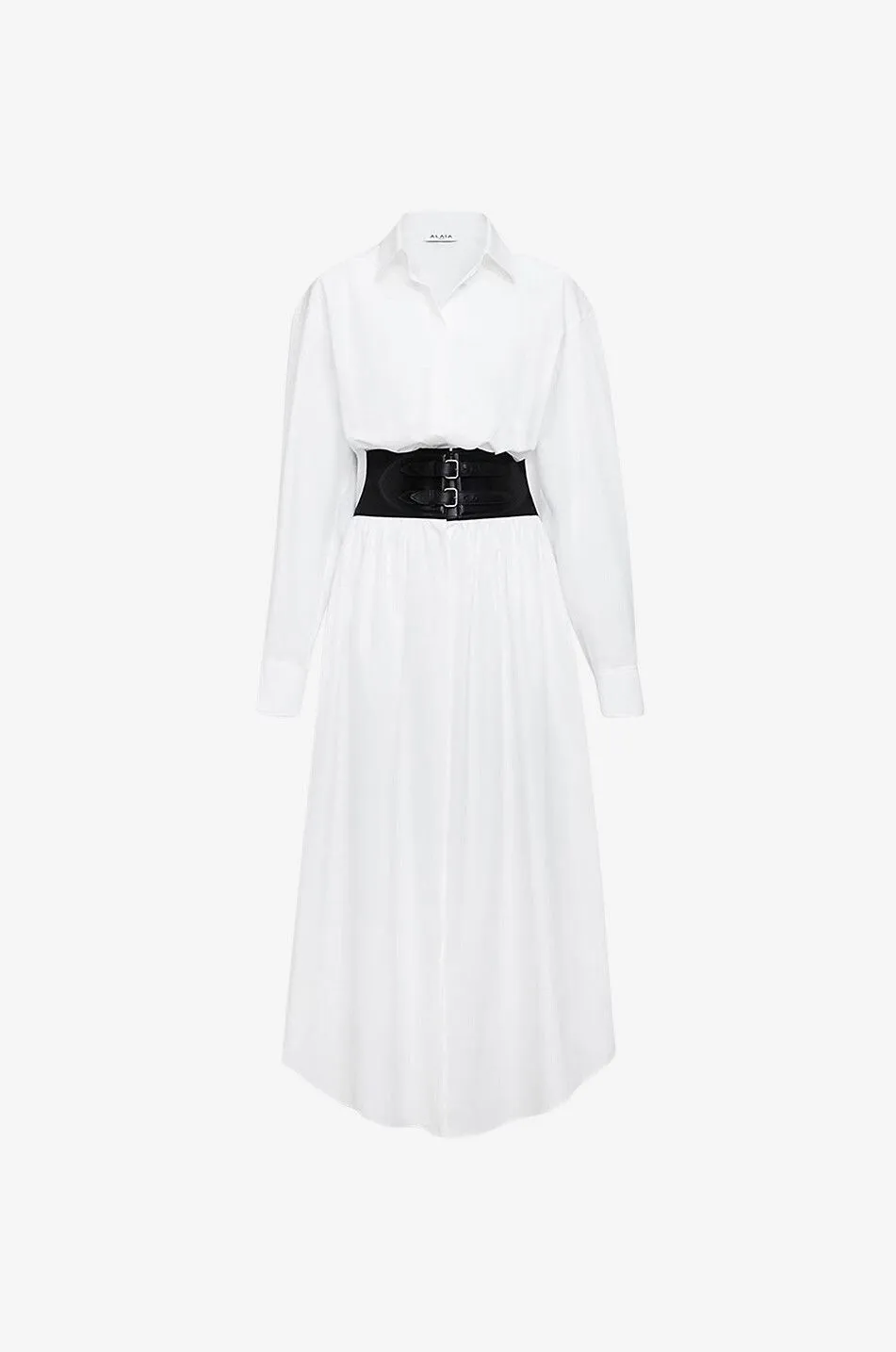 Robe chemise midi en popeline à ceinture