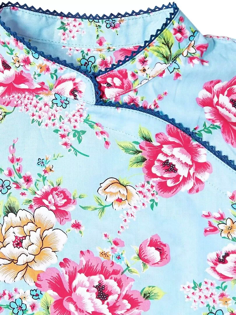 Robe Chinoise Fleurie  Turquoise Fille  Col Mao  ANNAM - La Faute à Voltaire - Bleu turquoise