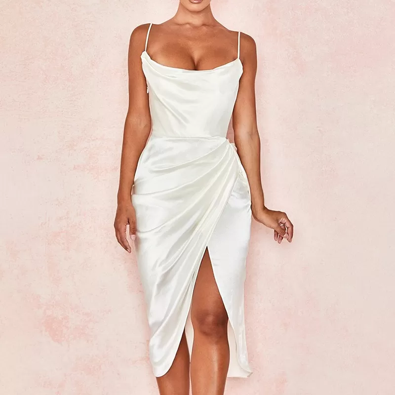 Robe corset midi blanche à jupe drapée