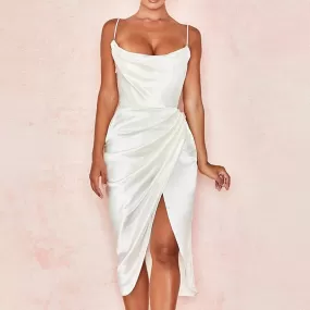 Robe corset midi blanche à jupe drapée