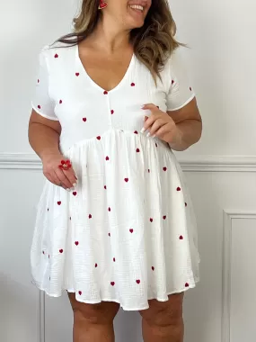 Robe courte écrue à cœurs rouges : Joela