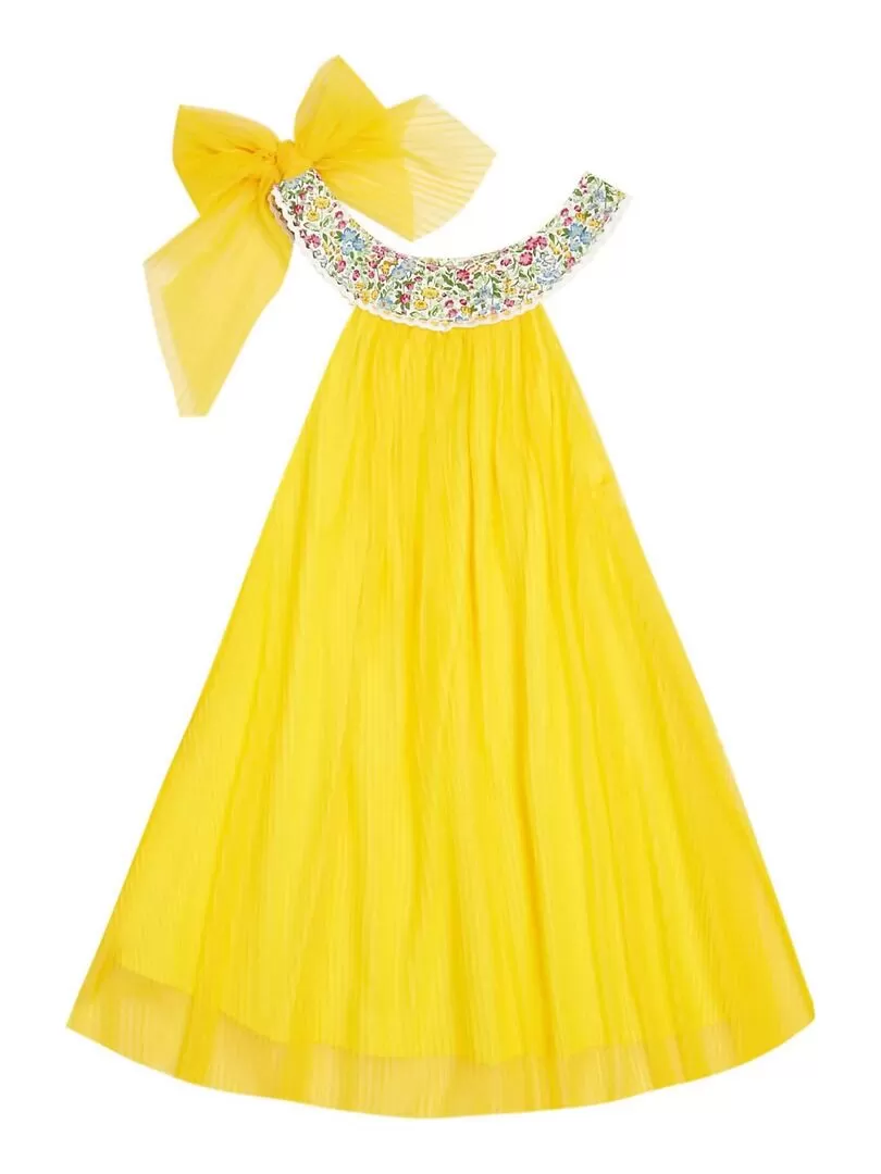 Robe Cérémonie Fille  Voile Jaune Col Fleuri Liberty Lilas  ALIZEE - La Faute à Voltaire - Jaune