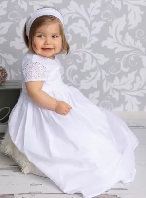 Robe de baptême longue bébé fille coton + bandeau