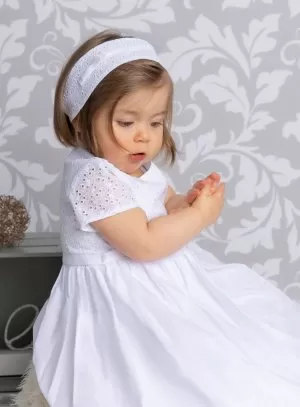 Robe de baptême longue bébé fille coton + bandeau