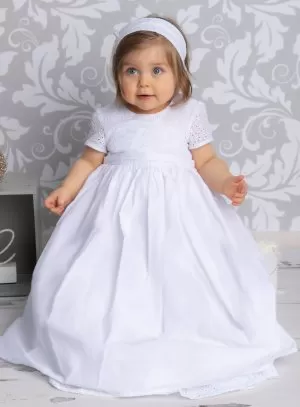 Robe de baptême longue bébé fille coton + bandeau