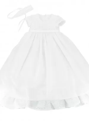 Robe de baptême longue bébé fille coton + bandeau