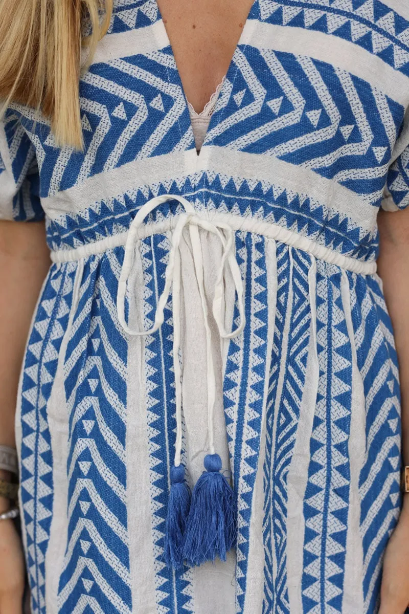 Robe dos nu en coton effet piqué motifs aztèques bleu roi