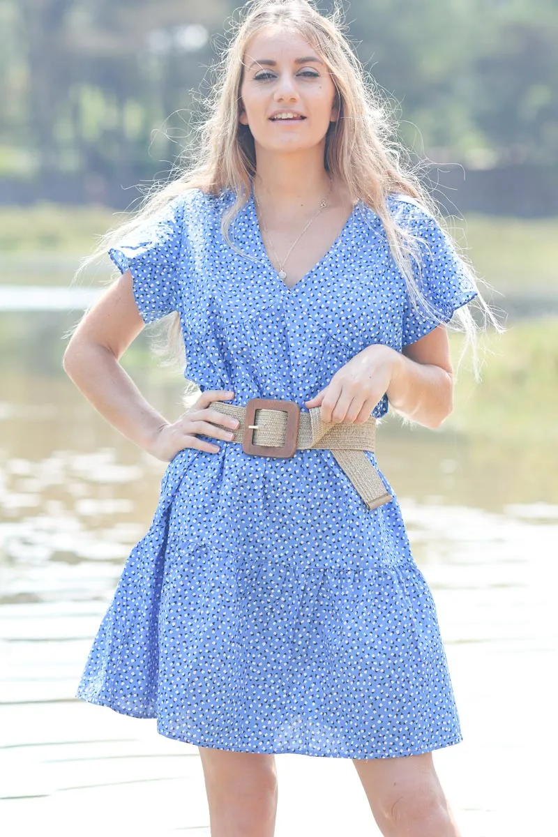 Robe en coton bleu roi col v petits coeurs