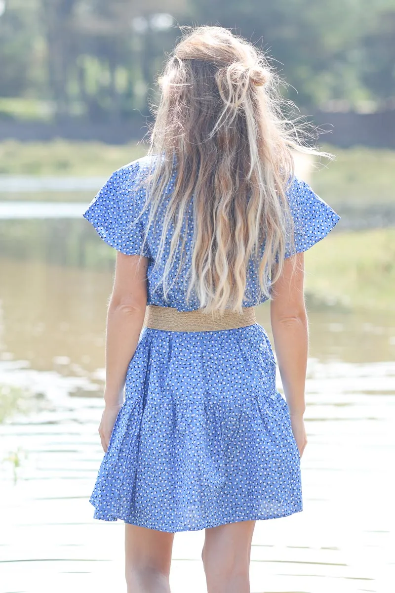 Robe en coton bleu roi col v petits coeurs