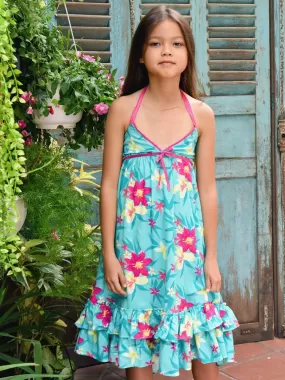 Robe longue     fleurs Hawaï    TAHITI - 'LA FAUTE A VOLTAIRE' - Bleu turquoise