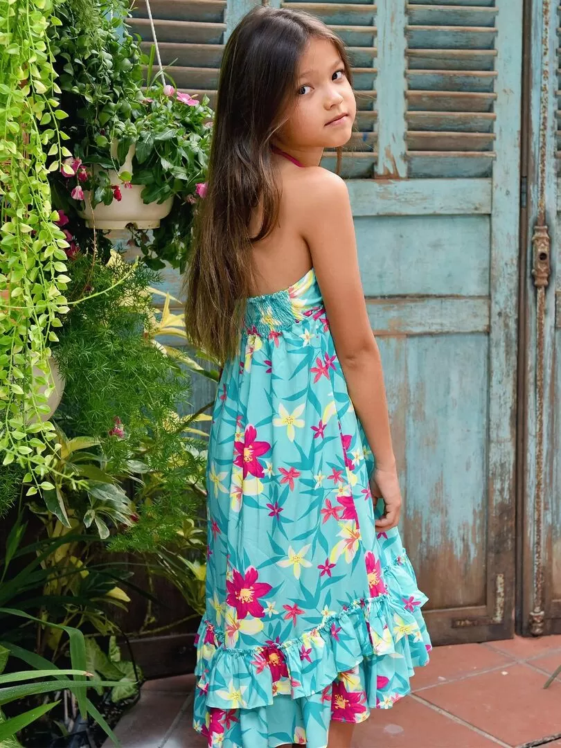 Robe longue     fleurs Hawaï    TAHITI - 'LA FAUTE A VOLTAIRE' - Bleu turquoise