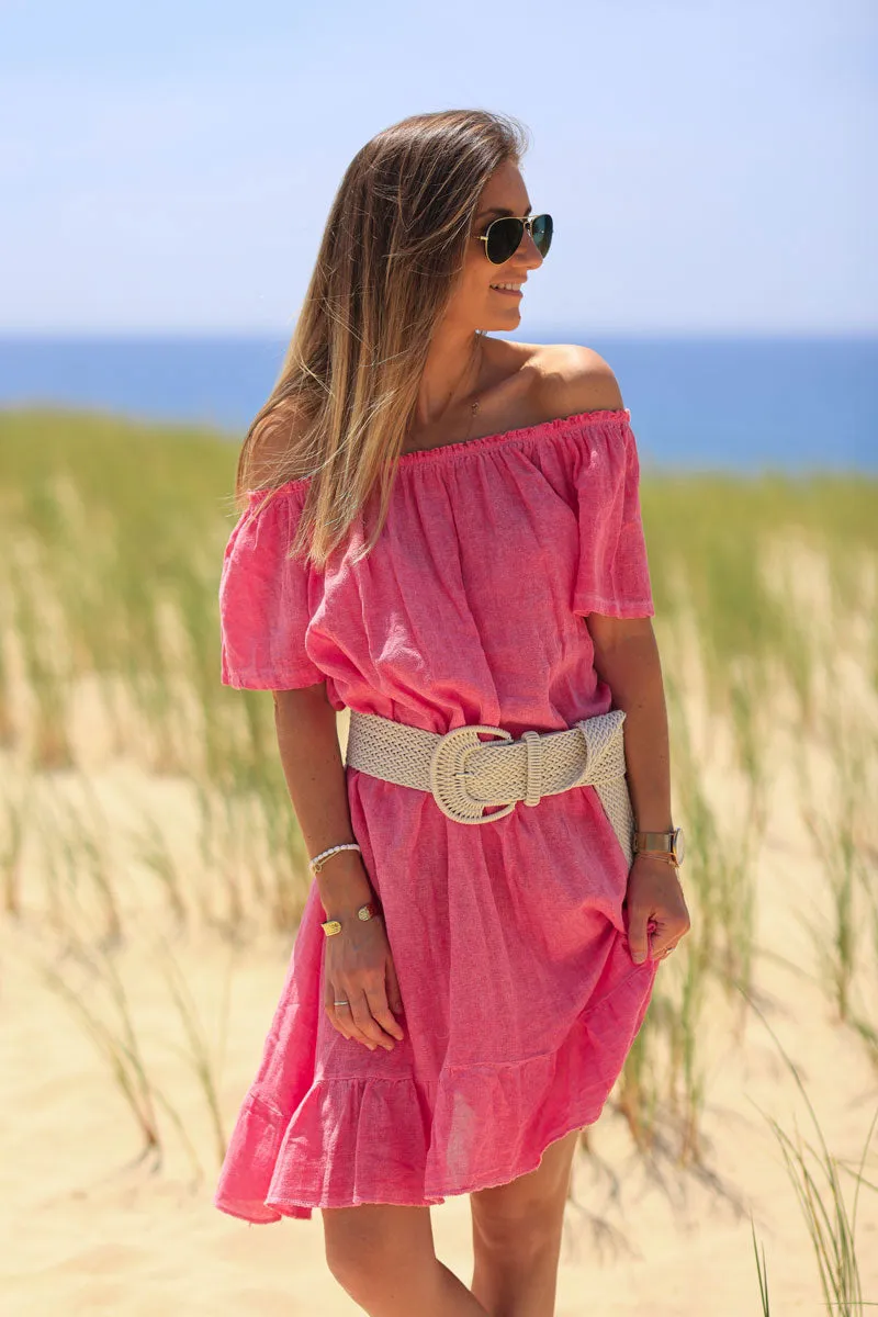 Robe mi longue fuchsia en coton col élastique bateau ou bardot