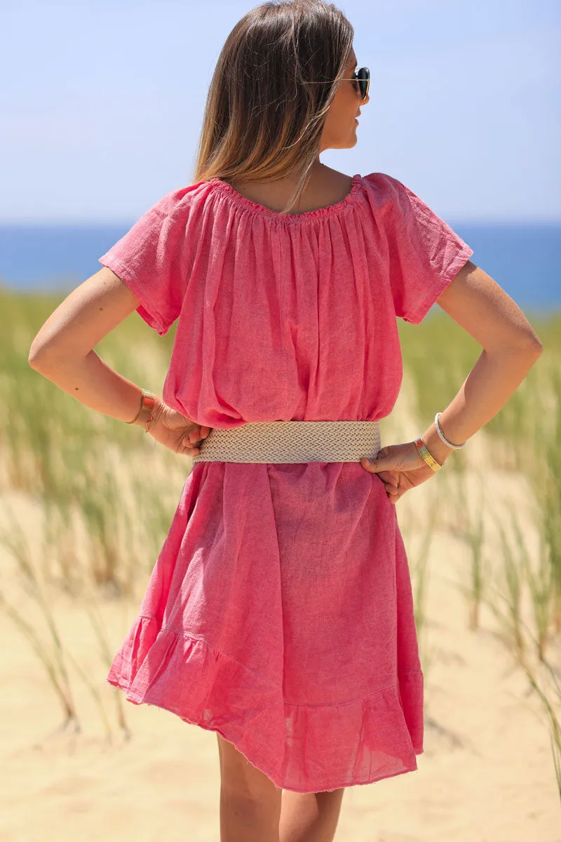 Robe mi longue fuchsia en coton col élastique bateau ou bardot