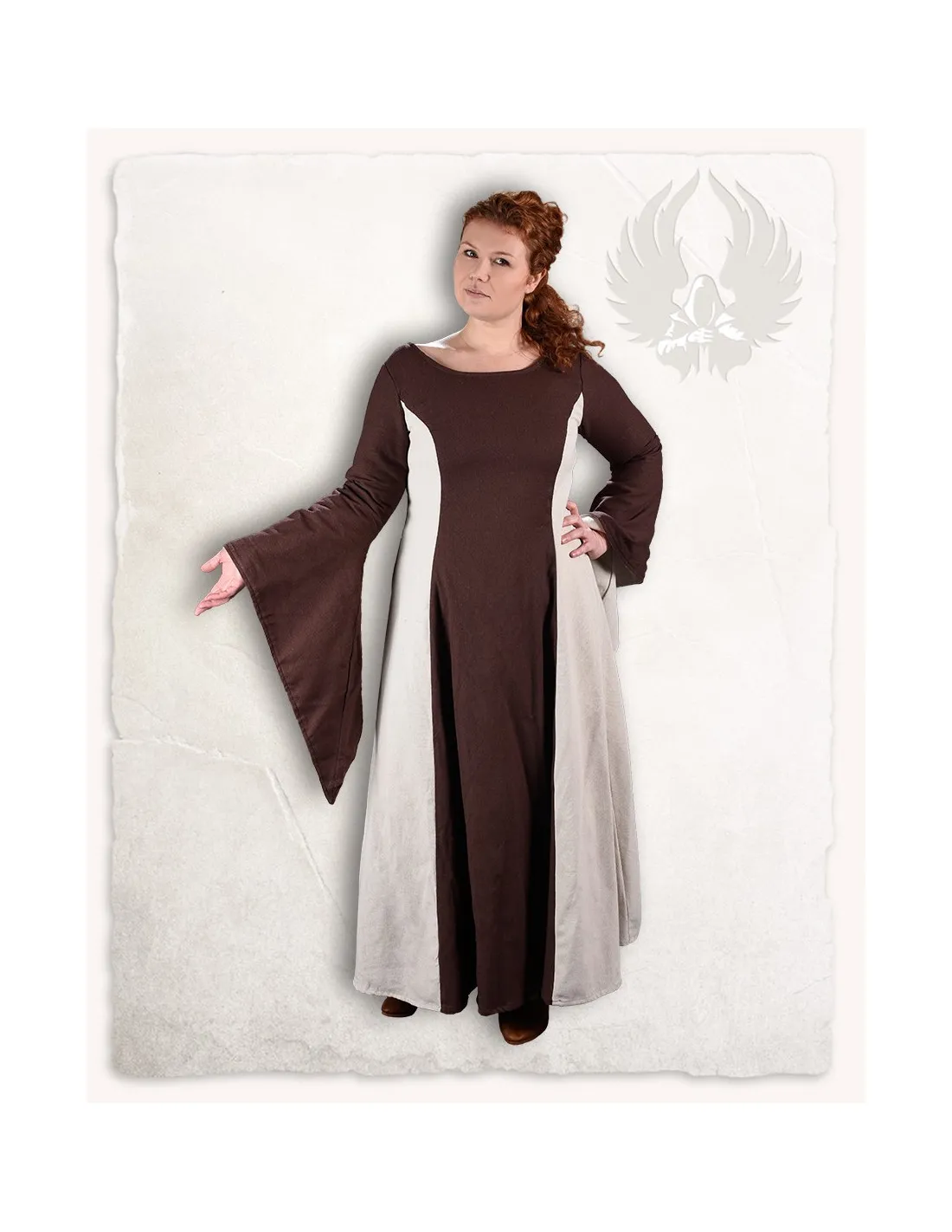 Robe médiévale en coton modèle Calla, marron-crème ⚔️ Boutique Épées