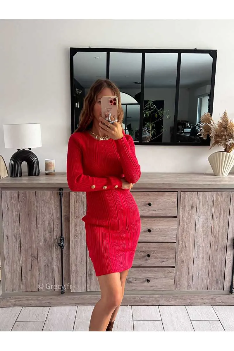 Robe pull Ambre rouge coupe cintrée manches longues