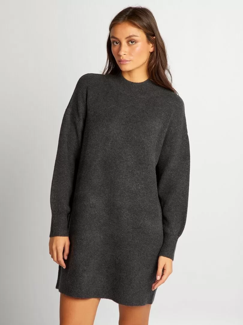 Robe pull courte en maille uni - Gris