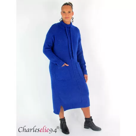 Robe pull longue BRENDA laine hiver bleu roi