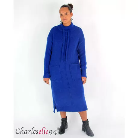 Robe pull longue BRENDA laine hiver bleu roi