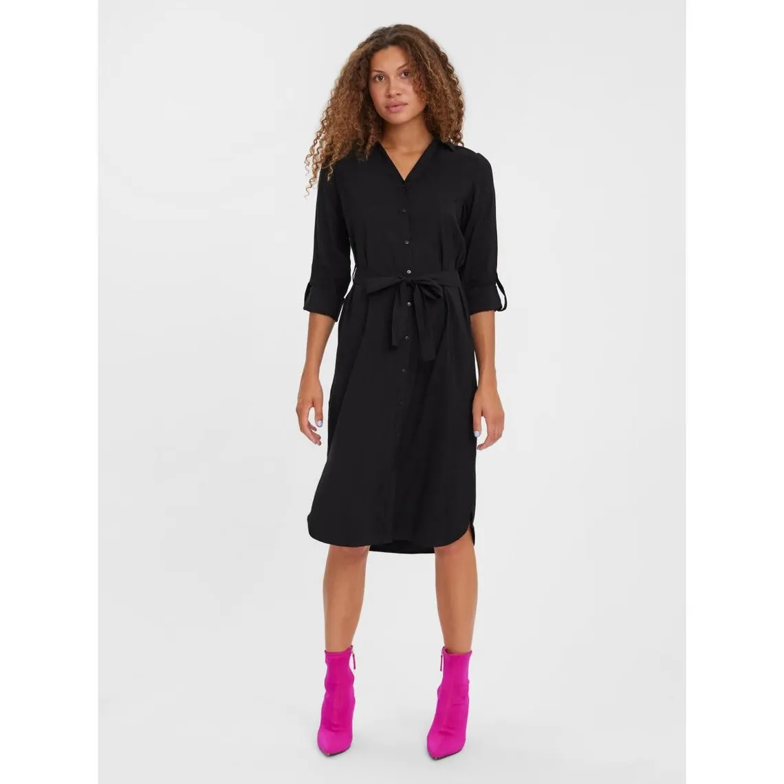 Robe Regular Fit Col chemise Manches longues Longueur maxi noir en viscose | 3 Suisses