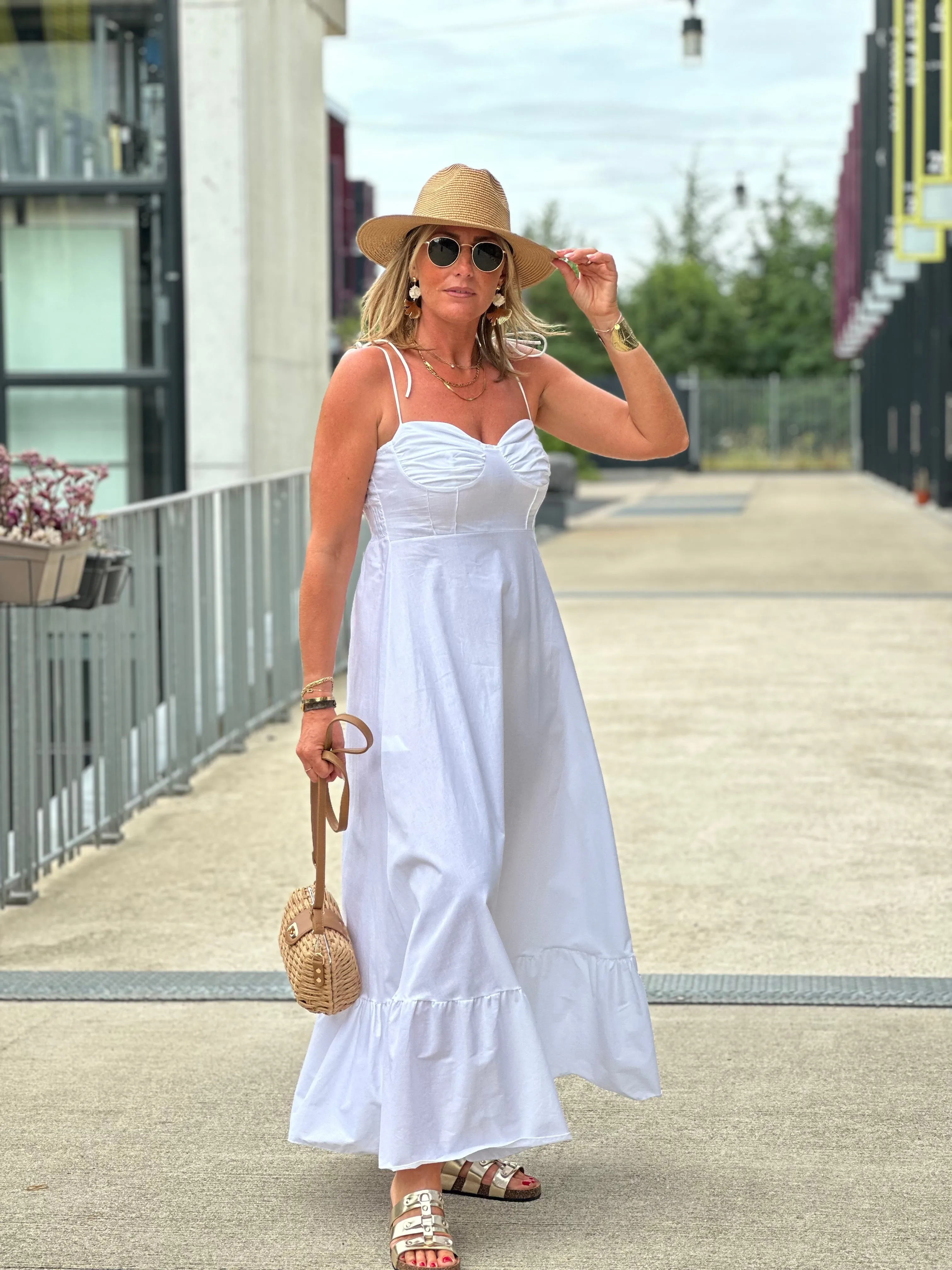 Robe uni coton bretelle Blanc