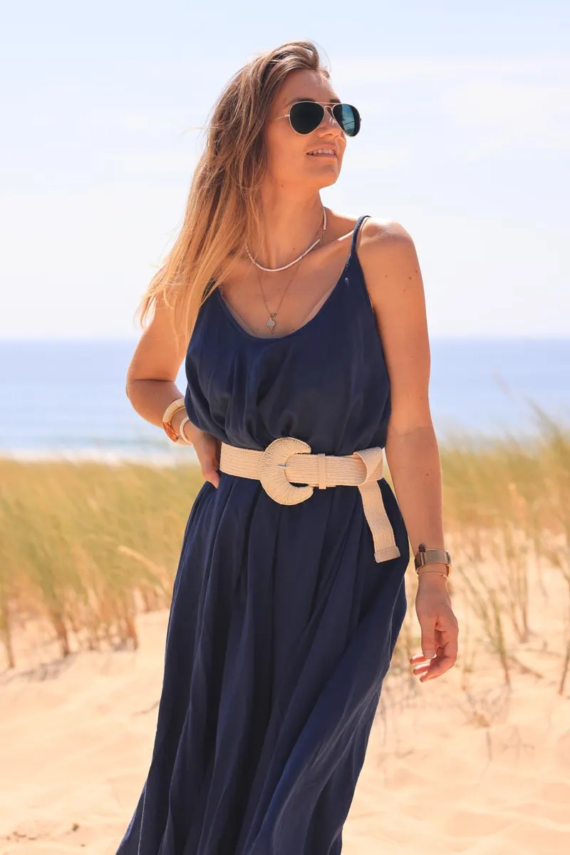 Robe évasée mi longue bleu marine doublée à bretelles en coton