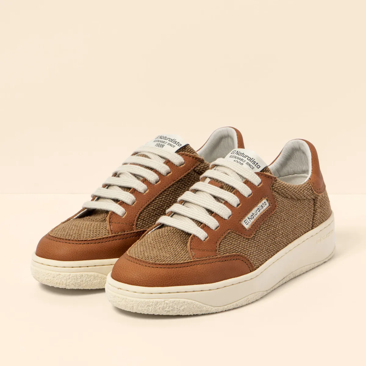 Sneakers en cuir et textile - Marron