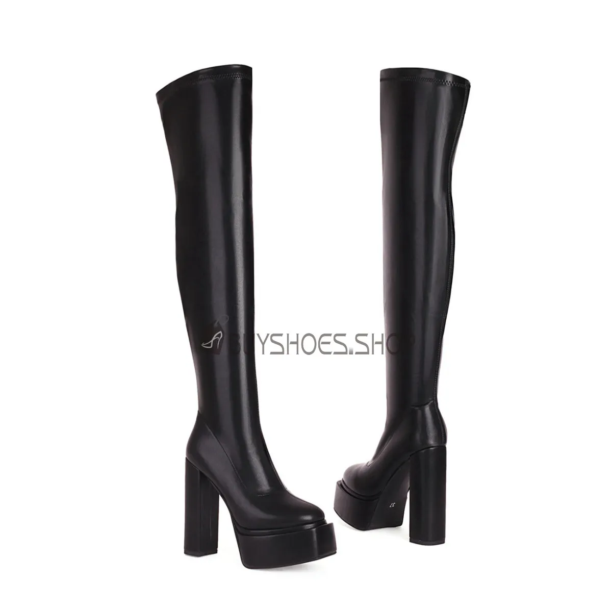 Talon Carré Plateforme Bout Carré Cuir Grainé Overknee Boots À Talon Bottes Hautes Talon Epais Cuir