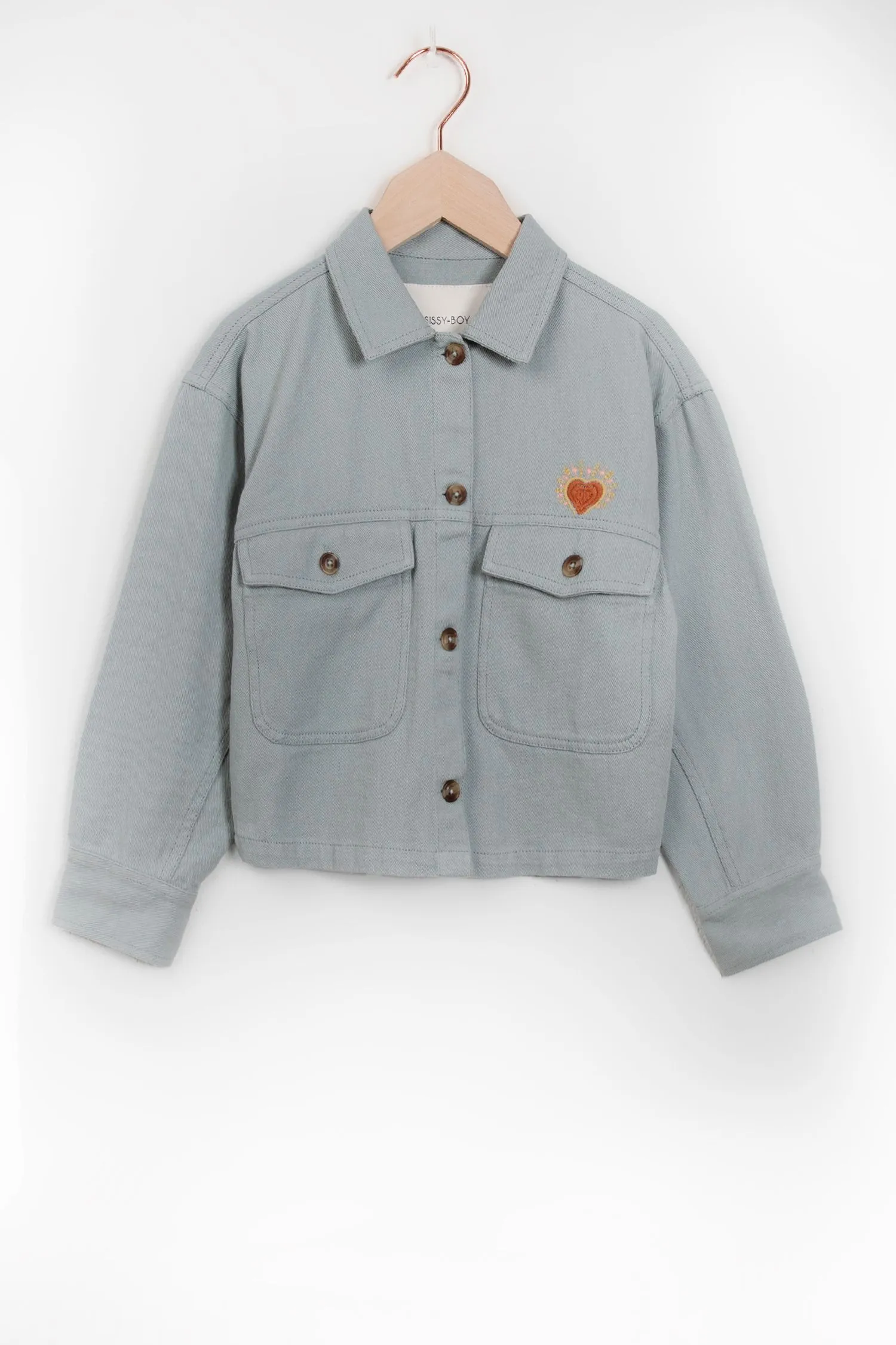 Veste courte en jean avec broderies - bleu gris