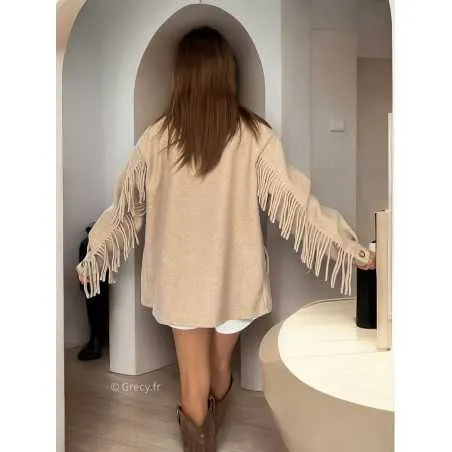 Veste laine franges beige manches longues