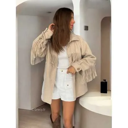 Veste laine franges beige manches longues